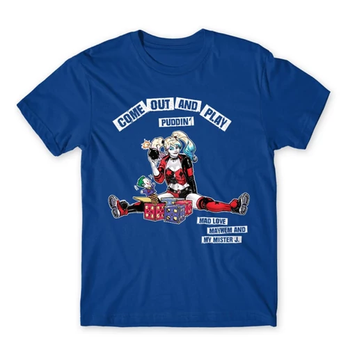 Királykék Harley Quinn férfi rövid ujjú póló - Come Out and Play