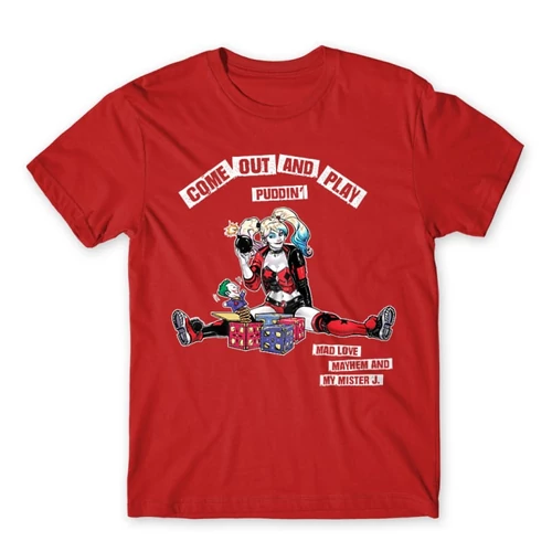 Piros Harley Quinn férfi rövid ujjú póló - Come Out and Play