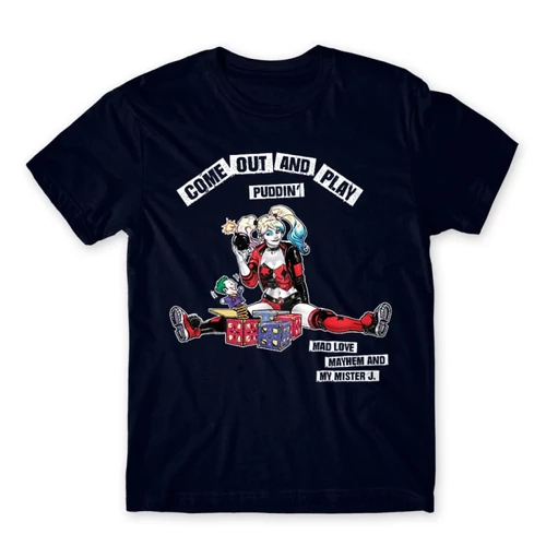Sötétkék Harley Quinn férfi rövid ujjú póló - Come Out and Play