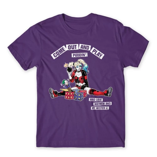 Sötétlila Harley Quinn férfi rövid ujjú póló - Come Out and Play