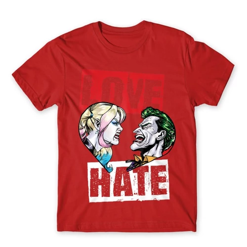 Piros Harley Quinn férfi rövid ujjú póló - Joker and Harley love