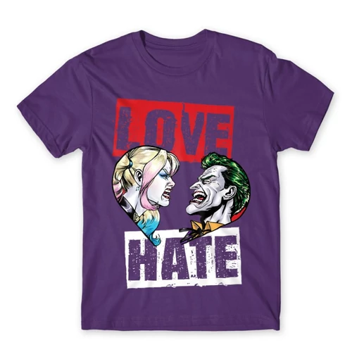 Sötétlila Harley Quinn férfi rövid ujjú póló - Joker and Harley love