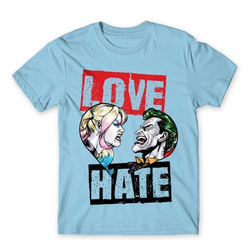 Világoskék Harley Quinn férfi rövid ujjú póló - Joker and Harley love