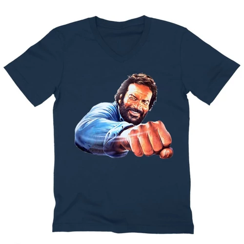 Sötétkék Bud Spencer férfi V-nyakú póló - Pofon