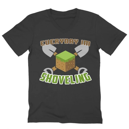 Sötétszürke Minecraft férfi V-nyakú ujjú póló - Everyday I’m shoveling