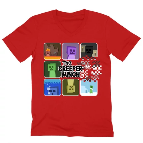Piros Minecraft férfi V-nyakú póló - The Creeper Bunch