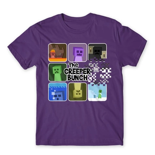 Sötétlila Minecraft férfi rövid ujjú póló - The Creeper Bunch