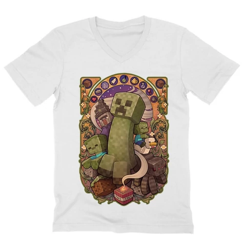 Fehér Minecraft férfi V-nyakú póló - Art Nouveau