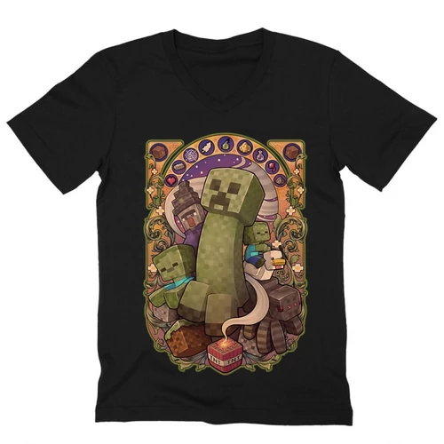 Fekete Minecraft férfi V-nyakú póló - Art Nouveau
