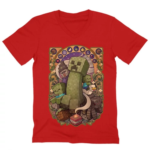 Piros Minecraft férfi V-nyakú póló - Art Nouveau