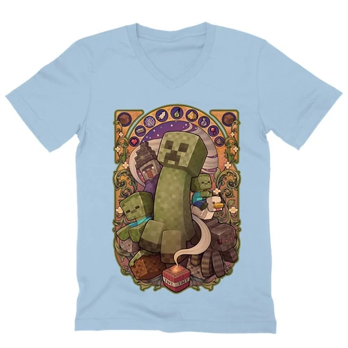 Világoskék Minecraft férfi V-nyakú póló - Art Nouveau