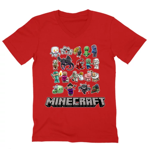 Piros Minecraft férfi V-nyakú póló - Minecraft characters