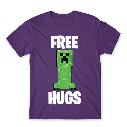 Sötétlila Minecraft férfi rövid ujjú póló - Creeper free hugs