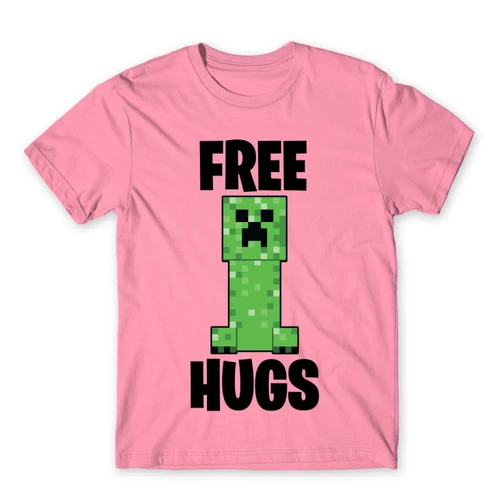 Világos rózsaszín Minecraft férfi rövid ujjú póló - Creeper free hugs