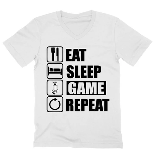 Fehér Minecraft férfi V-nyakú póló - Eat, sleep, game, repeat