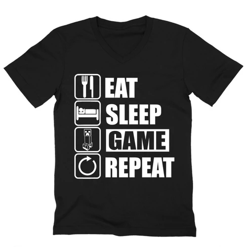 Fekete Minecraft férfi V-nyakú póló - Eat, sleep, game, repeat