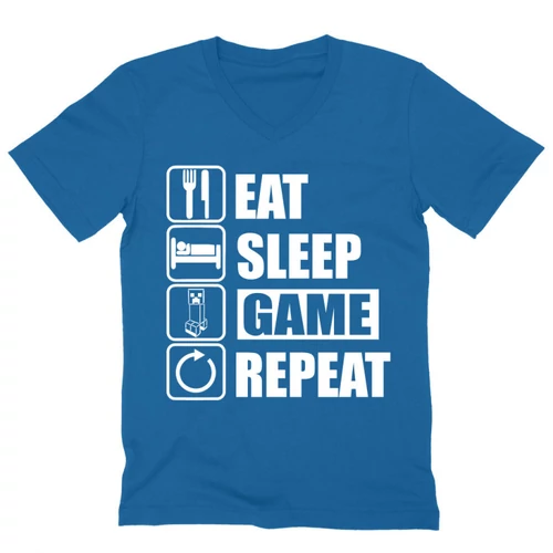 Királykék Minecraft férfi V-nyakú póló - Eat, sleep, game, repeat