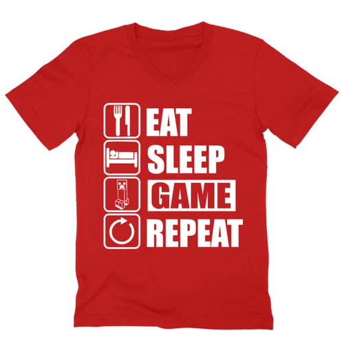 Piros Minecraft férfi V-nyakú póló - Eat, sleep, game, repeat