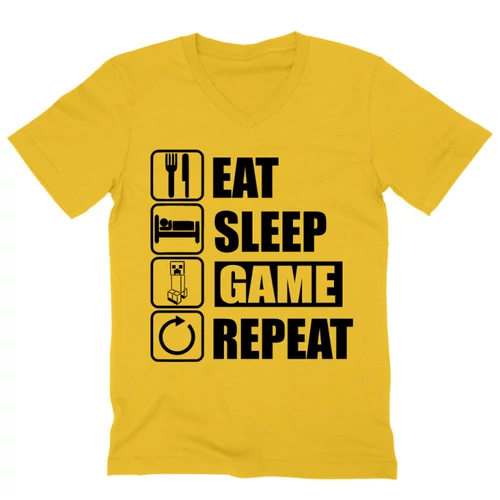 Sárga Minecraft férfi V-nyakú póló - Eat, sleep, game, repeat