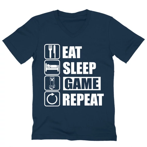 Sötétkék Minecraft férfi V-nyakú póló - Eat, sleep, game, repeat