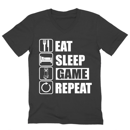 Sötétszürke Minecraft férfi V-nyakú póló - Eat, sleep, game, repeat