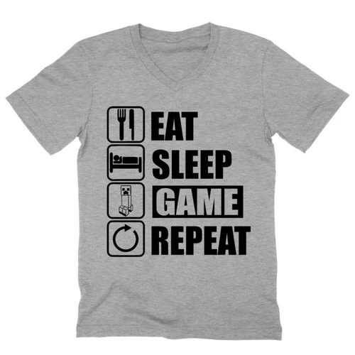 Sportszürke Minecraft férfi V-nyakú póló - Eat, sleep, game, repeat