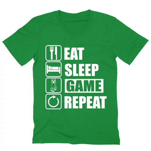 Zöld Minecraft férfi V-nyakú póló - Eat, sleep, game, repeat
