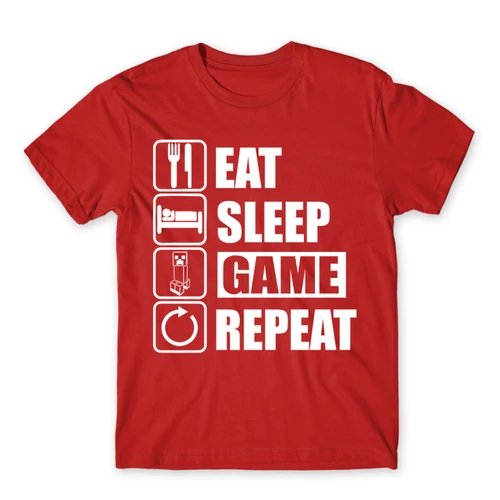 Piros Minecraft férfi rövid ujjú póló - Eat, sleep, game, repeat