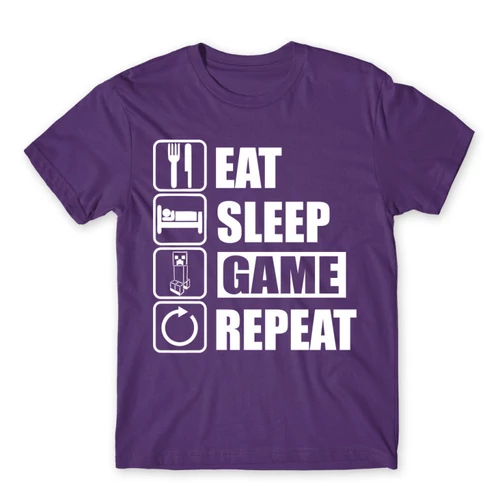 Sötétlila Minecraft férfi rövid ujjú póló - Eat, sleep, game, repeat