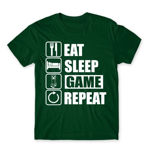 Sötétzöld Minecraft férfi rövid ujjú póló - Eat, sleep, game, repeat