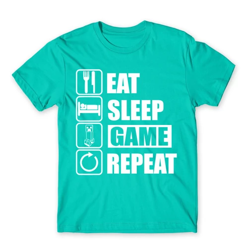 Türkiz Minecraft férfi rövid ujjú póló - Eat, sleep, game, repeat