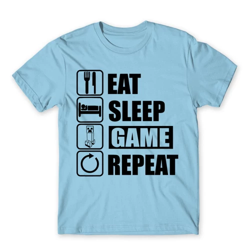 Világoskék Minecraft férfi rövid ujjú póló - Eat, sleep, game, repeat