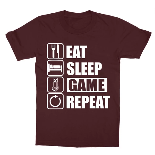 Bordó Minecraft gyerek rövid ujjú póló - Eat, sleep, game, repeat