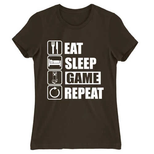Barna Minecraft női rövid ujjú póló - Eat, sleep, game, repeat