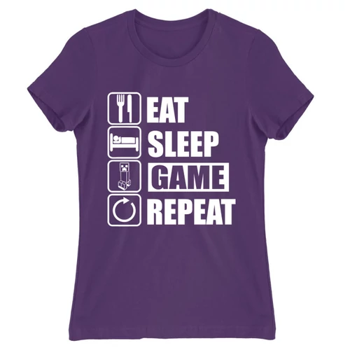 Sötétlila Minecraft női rövid ujjú póló - Eat, sleep, game, repeat