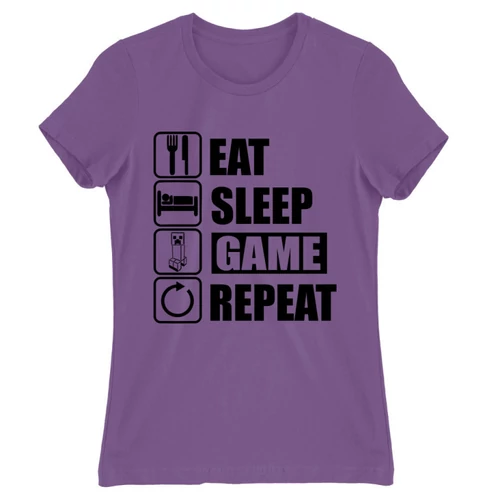 Világoslila Minecraft női rövid ujjú póló - Eat, sleep, game, repeat