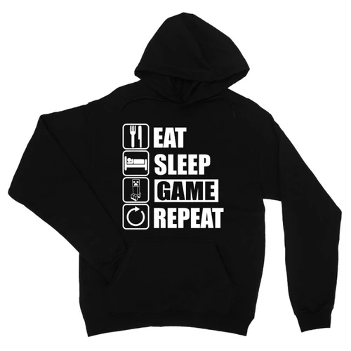 Fekete Minecraft unisex kapucnis pulóver - Eat, sleep, game, repeat