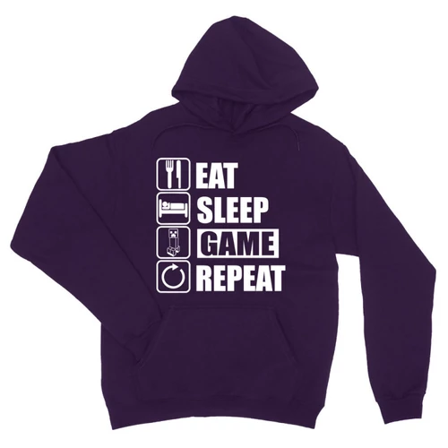 Sötétlila Minecraft unisex kapucnis pulóver - Eat, sleep, game, repeat
