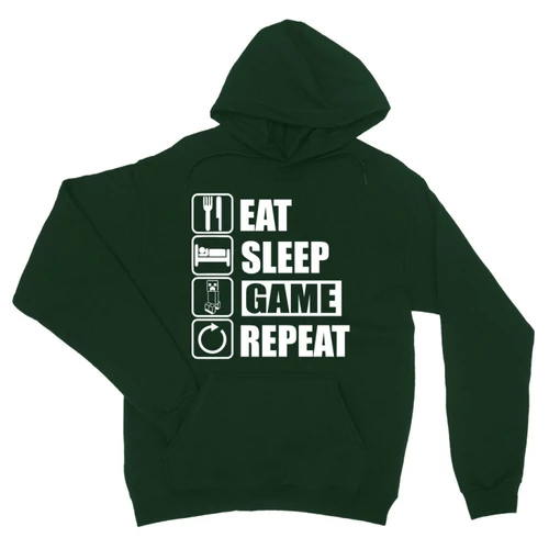 Sötétzöld Minecraft unisex kapucnis pulóver - Eat, sleep, game, repeat