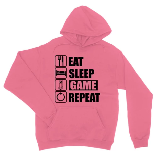 Világos rózsaszín Minecraft unisex kapucnis pulóver - Eat, sleep, game, repeat
