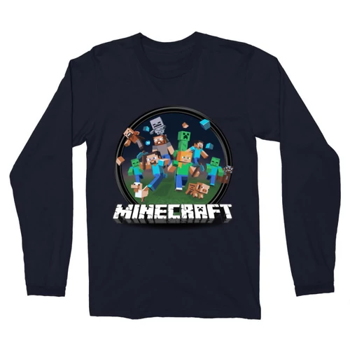 Sötétkék Minecraft férfi hosszú ujjú póló - Kerek Minecraft logó 2