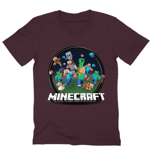 Bordó Minecraft férfi V-nyakú póló - Kerek Minecraft logó 2 