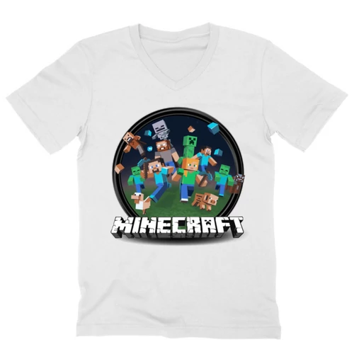 Fehér Minecraft férfi V-nyakú póló - Kerek Minecraft logó 2 