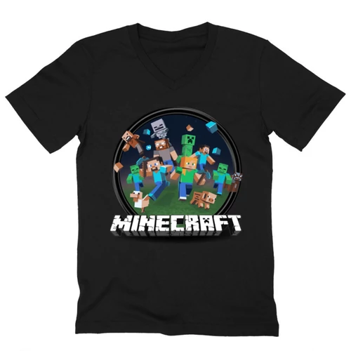 Fekete Minecraft férfi V-nyakú póló - Kerek Minecraft logó 2 