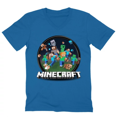Királykék Minecraft férfi V-nyakú póló - Kerek Minecraft logó 2 