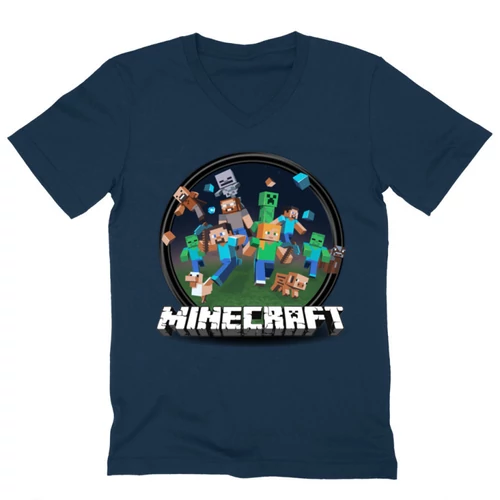 Sötétkék Minecraft férfi V-nyakú póló - Kerek Minecraft logó 2 