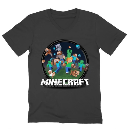 Sötétszürke Minecraft férfi V-nyakú póló - Kerek Minecraft logó 2 