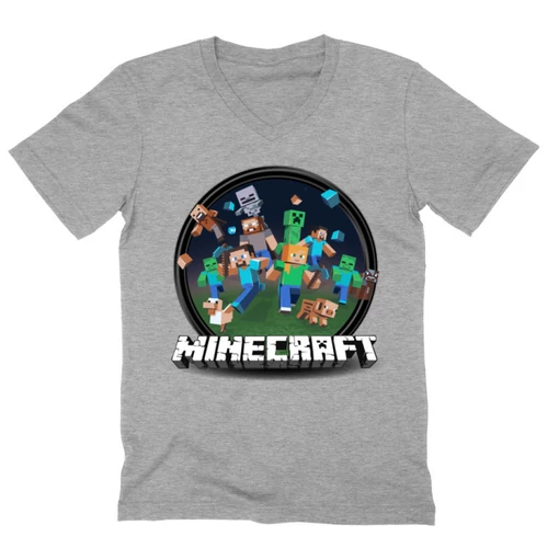 Sportszürke Minecraft férfi V-nyakú póló - Kerek Minecraft logó 2 