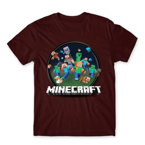 Bordó Minecraft férfi rövid ujjú póló - Kerek Minecraft logó II.