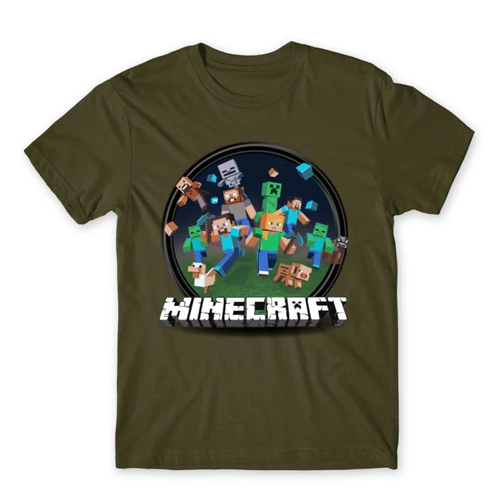 Khaki Minecraft férfi rövid ujjú póló - Kerek Minecraft logó II.